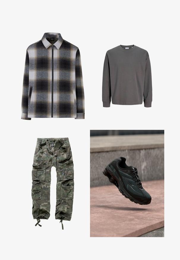 Kravejakke i ternet mønster med sorte, hvide og beige nuancer. Lynlås lukning og to sidelommer. Blød tekstur.; Mørkegrå langærmet sweatshirt lavet af blødt stof, med rund hals og løs pasform. Minimal syning og uden synlige mønstre.; Kamuflerede cargo-bukser lavet af bomuld, med flere lommer, elastiske manchetter og en løs pasform med snøre i taljen.; Sort atletisk sneaker med synligt luftdæmpende mellemsål, der svæver over en pink stenoverflade med en grå stenvæg i baggrunden.