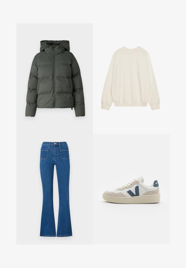 Puffjacke in Dunkelgrün, mit Kapuze, durchgehendem Reißverschluss und gestepptem Design mit horizontalen Baffles. Glatte, matte Oberfläche.; Hellbeige Sweatshirt aus einer weichen Baumwollmischung. Mit langen Ärmeln, Rundhalsausschnitt und gerippten Bündchen sowie Saum im entspannten Schnitt.; Hellerblaues, hohes Schlagjeans aus Denim. Mit zwei Gesäßtaschen und einem Metallknopfverschluss vorne. Sauberes, minimalistisches Design.; Weiße Leder-Sneaker mit grauen Wildlederelementen und einem blauen Logo. Mit einer strukturierten Zehenspitze und einer gepolsterten Sohle. Minimalistisches Design.