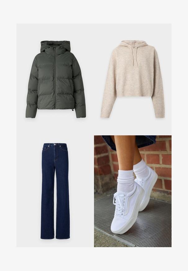 Puffjacke in Dunkelgrün, mit Kapuze, durchgehendem Reißverschluss und gestepptem Design mit horizontalen Baffles. Glatte, matte Oberfläche.; Beiger gestrickter Cropped-Hoodie mit langen Ärmeln und Kordeln, dargestellt vor einem schlichten hellen Hintergrund.; Dunkelblaue Denim-Jeans mit hoher Taille, weitem Bein und klassischem Fünf-Taschen-Design. Abgerundet mit kontrastierenden Nähten und einem Metallknopf.; Weiße Leinensneaker mit Gummisohlen, ausgestattet mit sechs Ösen, runder Zehenpartie und dezenten Nähten, kombiniert mit weißen Knöchelsocken.