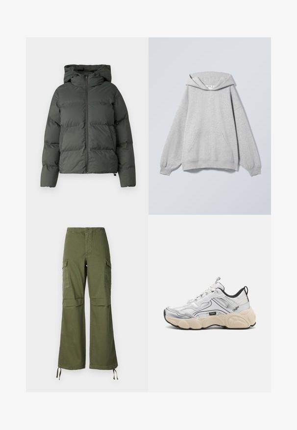 Chaqueta inflable en verde oscuro, con capucha, cierre frontal con cremallera y textura acolchada con baffles horizontales. Acabado mate suave.; Sudadera con capucha de color gris claro, manga larga, bolsillo tipo canguro delantero, puños acanalados y etiqueta "Weekday" en el interior del cuello.; Pantalones cargo verde oliva de algodón, con un diseño de pierna ancha, dos bolsillos laterales y lazos ajustables en el dobladillo.; Zapato deportivo blanco con paneles de malla y sintéticos, acentos plateados, suela gruesa en color crema y detalles en negro en contraste. Cuenta con un sistema de cordones.