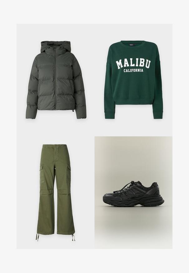 Puffjacke in Dunkelgrün, mit Kapuze, durchgehendem Reißverschluss und gestepptem Design mit horizontalen Baffles. Glatte, matte Oberfläche.; ONLY ONLSWEAT - Sweatshirt - pine grove; Olivegrüne Cargo-Hose aus Baumwolle mit weitem Bein, zwei Seitentaschen und verstellbaren Bändern am Saum.; Schwarzer klobiger Sneaker mit Blumenmuster, dicker, strukturierter Sohle und Schnürverschluss mit Kordelstopper, im Profil auf einfachem Hintergrund gezeigt.