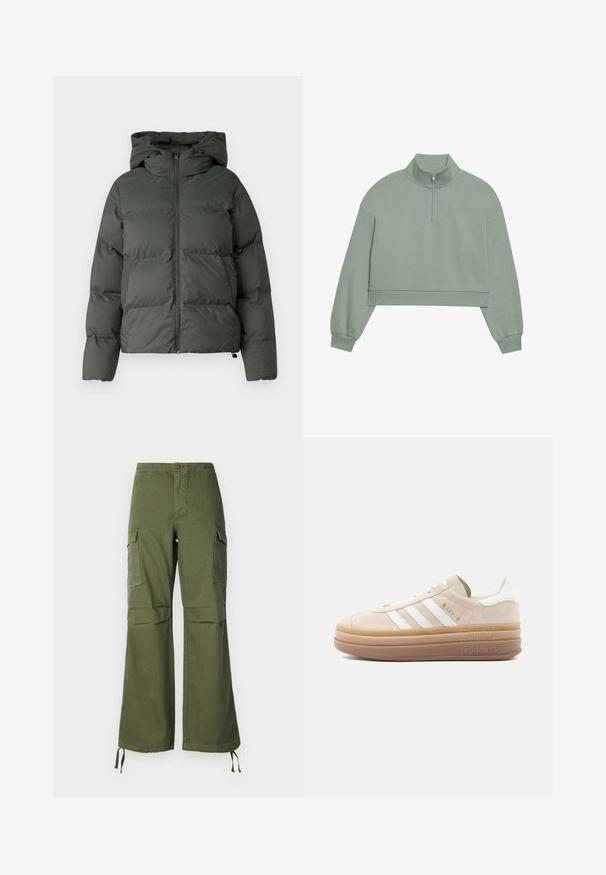 Doudoune verte foncée, dotée d'une capuche, d'une fermeture éclair à l'avant et d'une texture matelassée avec des boudins horizontaux. Fini lisse et mat.; Sweatshirt court vert clair avec un col montant et une fermeture à demi-zip. Dispose de manches longues et d'un tissu doux et texturé.; Pantalons cargo en coton vert olive, avec une coupe évasée, deux poches latérales et des liens ajustables à l'ourlet.; Baskets en daim beige avec accents en cuir blanc, présentant trois rayures blanches, un logo doré et une semelle en caoutchouc épaisse et translucide.