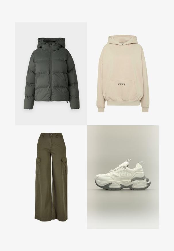 Puffjacke in Dunkelgrün, mit Kapuze, durchgehendem Reißverschluss und gestepptem Design mit horizontalen Baffles. Glatte, matte Oberfläche.; Beiger Hoodie mit Fronttasche, gerippten Bündchen und Kordelzugkapuze. "PECADOR PGDR" Schriftzug auf dem Taschenbereich.; Olivgrüne, weite Cargo-Hosen mit zwei Seitentaschen, aus einem weichen, langlebigen Stoff. Mit detaillierter Stickerei und Knopfverschluss.; Weiß-grauer klobiger Sneaker mit strukturierter Sohle, Zuglaschen an Zunge und Ferse und detailliertem Paneeldesign am Obermaterial.