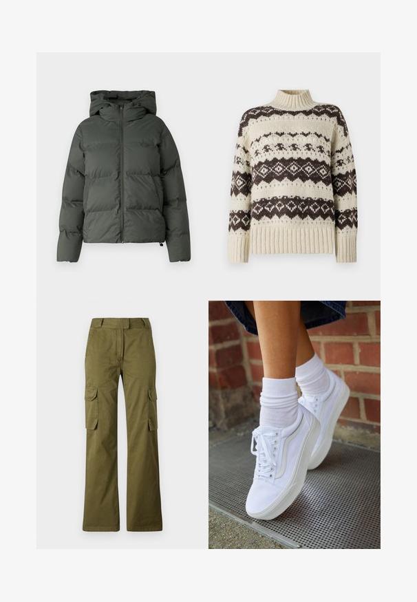 Puffjacke in Dunkelgrün, mit Kapuze, durchgehendem Reißverschluss und gestepptem Design mit horizontalen Baffles. Glatte, matte Oberfläche.; Vero Moda Knitted VMAMPLE Knitted - Strickpullover - birch; Olivgrüne Cargo-Hose aus Baumwollmischung, mit geradem Bein, zwei seitlichen Taschen und einem Knopfverschluss am Bund.; Weiße Leinensneaker mit Gummisohlen, ausgestattet mit sechs Ösen, runder Zehenpartie und dezenten Nähten, kombiniert mit weißen Knöchelsocken.
