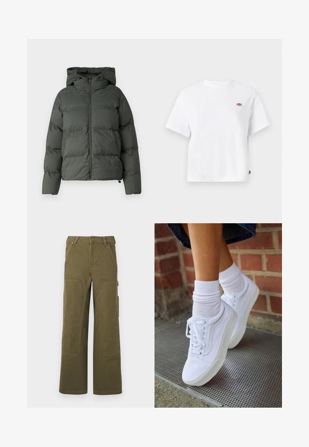 Puffjacke in Dunkelgrün, mit Kapuze, durchgehendem Reißverschluss und gestepptem Design mit horizontalen Baffles. Glatte, matte Oberfläche.; Weißes Baumwoll-T-Shirt mit einem lockeren Schnitt, das ein kleines Logopatch auf der Brust und ein Etikett an der Seite für zusätzliche Details aufweist.; Olivgrüne Cargo-Hosen aus strapazierfähigem Material, mit weitem Bein, mehreren Taschen und Metallbeschlägen für zusätzliche Funktionalität.; Weiße Leinensneaker mit Gummisohlen, ausgestattet mit sechs Ösen, runder Zehenpartie und dezenten Nähten, kombiniert mit weißen Knöchelsocken.