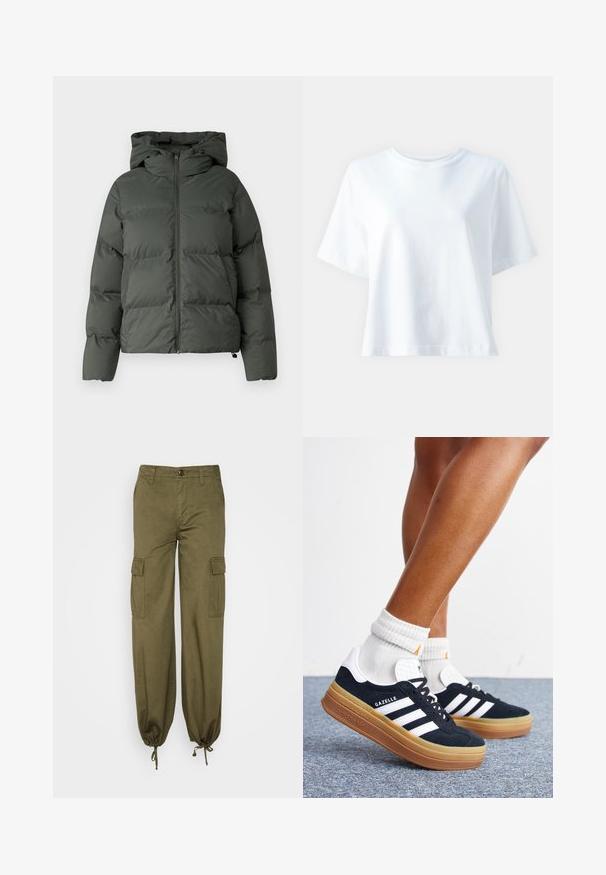 Puffjacke in Dunkelgrün, mit Kapuze, durchgehendem Reißverschluss und gestepptem Design mit horizontalen Baffles. Glatte, matte Oberfläche.; Weißes Baumwoll-T-Shirt mit Rundhals, kurzen Ärmeln, lockerer Passform und glatter Textur. Keine Muster oder Akzente sichtbar.; Cargo-Hosen in Olivgrün, aus Baumwollstoff gefertigt. Merkmale sind elastische Bündchen, zwei Seitentaschen und zwei Cargotaschen auf den Oberschenkeln.; Beine mit weißen Socken und schwarzen Adidas Gazelle Sneakers mit weißen Streifen und dicken braunen Sohlen auf einem grauen Teppichboden.