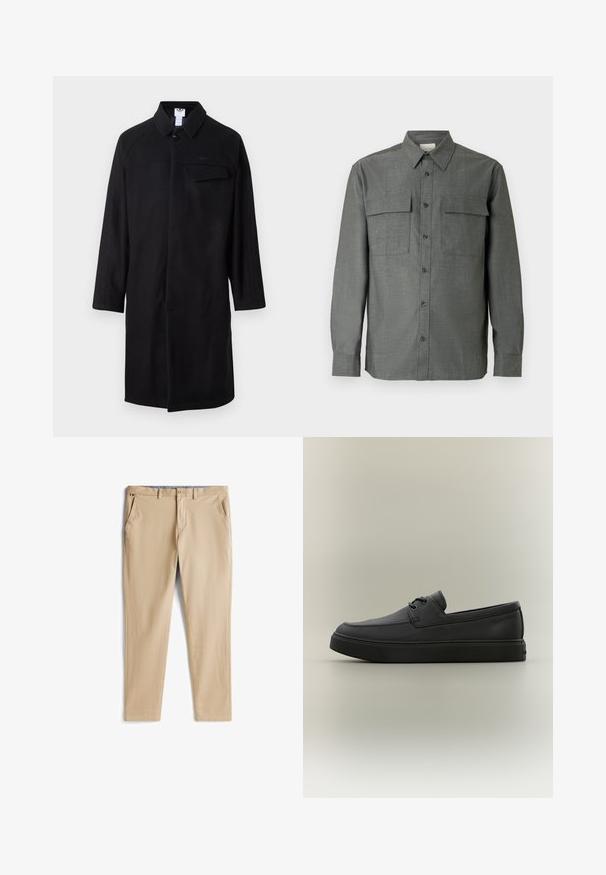 Schwarzer Mantel mit Kragen, langen Ärmeln, einem einzigen Knopfverschluss und einer Brusttasche. Besitzt strukturierte Seitenpaneele.; Graues Hemd mit Knopfleiste, strukturiertem Kragen, zwei Brusttaschen und langen Ärmeln mit geknöpften Manschetten; strukturierte Stoffoberfläche.; Beige Hose aus weichem Stoff mit geradem Schnitt. Zu den Merkmalen gehören zwei Seitentaschen und ein Knopfverschluss. Das Innere hat ein gemustertes Futter.; Schwarzer lässiger Lederloafer mit Schnürdetails und dicker Gummisohle, seitlich auf neutralem Hintergrund dargestellt.