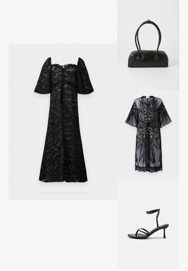 Čierny priesvitný kimono s širokými rukávmi, zdobené zložitou kvetinovou výšivkou a čipkovým lemovaním pozdĺž spodného okraja a okrajov. Otvorený predný dizajn.; Čierne šaty s krátkymi vyp puffed rukávmi, s kvetinovým čipkovým vzorom. Predná strana s gombíkmi, voľný silueta a dĺžka po kolená.; Čierne vysoké podpätky sandále s úzkym dizajnom remienka, hladkou textúrou, rozopínaním na členku a špicatou špičkou. Detail nastaviteľného remienka na členku.; Čierna kožená kabelka s dvoma predĺženými ušami, zipsovým uzáverom a zaobleným tvarom; hladký povrch s jemným lesklým nádychom.