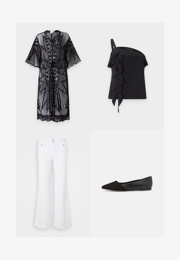 Kimono noir transparent avec des manches larges, présentant des broderies florales complexes et des finitions en dentelle le long de l'ourlet et des bords. Design à l'avant ouvert.; Haut noir asymétrique avec une seule bretelle et des volants qui tombent sur le devant et le long de l'encolure.; Jean flare blancs en denim, avec une taille haute, deux poches avant et des boutons en métal argenté sur un fond uni.; Ballerines noires à bout pointu avec un avant en daim et un arrière en cuir, au design élégant et sans matériel ni accents visibles.