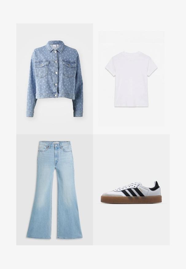Lichtblauwe denimjack met een cropped pasvorm, knoopsluiting, twee borstzakken en een subtiele florale patroonstructuur. Standaard kraagontwerp.; Effen wit katoenen T-shirt met korte mouwen en ronde hals, plat gelegd op een witte achtergrond.; Lichtblauwe flared jeans met een hoge taille, gemaakt van denim. Kenmerkt zich door een klassiek vijf-pocket ontwerp en een raw hem aan de mouwen.; Witte leren sneakers met zwarte strepen, gumrubberen buitenzool, ronde neus, vetersluiting en een zachte grijze suède neuskap.