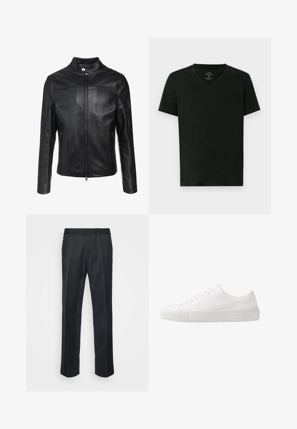 Veste en cuir noir avec col montant, fermeture éclair à l'avant et deux poches latérales. Texture lisse avec des accents de coutures décalées.; T-shirt en coton noir pour homme d'Armani Exchange avec des manches courtes et un col en V, taille moyenne, présenté à plat sur fond blanc.; Pantalons noirs à coupe décontractée, dotés d'une taille élastique, de jambes droites et d'une texture en tissu douce et lisse.; Baskets en cuir blanc avec une finition lisse, bout rond et six œillets pour les lacets. Présente une semelle en caoutchouc texturée et un design minimaliste.
