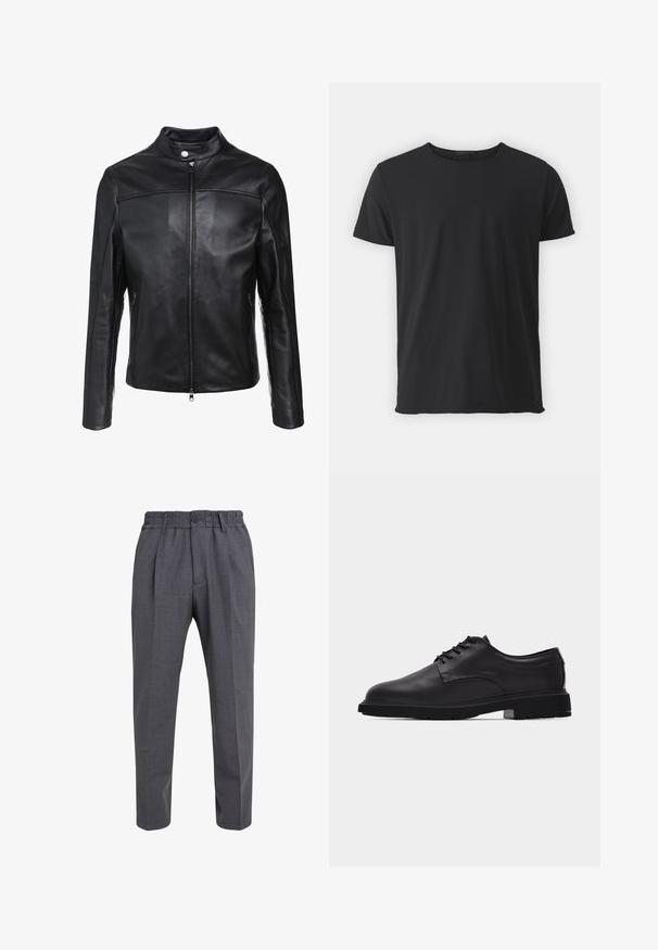 Veste en cuir noir avec col montant, fermeture éclair à l'avant et deux poches latérales. Texture lisse avec des accents de coutures décalées.; T-shirt noir à manches courtes en coton doux, avec un col ras du cou classique et une texture lisse, avec une coupe droite.; Pantalon gris avec un design plissé, taille élastique avec fermeture à bouton, jambes droites et tissu légèrement texturé.; Chaussure habillée à lacets pour homme en cuir noir à finition lisse avec semelle épaisse en caoutchouc, vue de profil sur fond blanc.