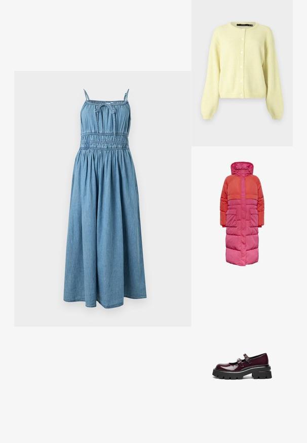 Lang dunfrakke med hætte, farveblokdesign i nuancer af rød og pink, med to frontlommer og lynlås foran.; Gul, blød cardigan med rund halsudskæring, lange ærmer og frontlukning med fem runde hvide knapper.; Blå ærmeløs denim midikjole med tynde stropper, tilskåret talje og en sløjfe bundet midt på brystet.; Bordeaux patentlæder Mary Jane-sko med dobbelte spænde remme og tykke sorte gummisåler med dybe riller.