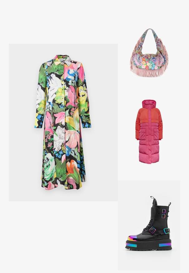 Lange pufferjas met capuchon, kleurblokontwerp in tinten rood en roze, met twee voorkuiten en een ritssluiting aan de voorkant.; Bloemenjurk met een zwarte achtergrond en heldere roze, groene, gele en witte bloemen, lange mouwen en een knoopsluiting aan de voorkant.; Koi Footwear COSMIC FIRE METAL PLATFORM BOOTS - Veterboots - black/multi-coloured; Boho-stijl stoffen handtas met kleurrijk geborduurde bloemen, roze leren franjes langs de randen en een juwelen gesp in het midden.