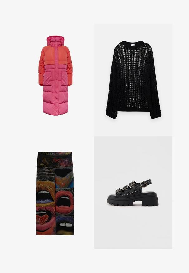 Lang dunfrakke med hætte, farveblokdesign i nuancer af rød og pink, med to frontlommer og lynlås foran.; Sort, løstsiddende striktrøje med lange ærmer og rund halsudskæring. Har et åbent, hæklet lignende design med ribstrikkede manchetter og kant.; Flerfarvet nederdel med en collage af stiliserede læber i røde, lyserøde og lilla nuancer. Stoffet har en glat tekstur med et dristigt grafisk design.; Sort chunky platformsandal med tre justerbare remme med spænder og sølvnitter på en tyk sål med slidstærkt mønster.