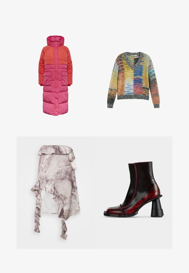 Lang dunfrakke med hætte, farveblokdesign i nuancer af rød og pink, med to frontlommer og lynlås foran.; Farverig strikket sweater med V-hals og lange ærmer, med patchwork-mønster i gule, blå, røde og grå nuancer.; ROKH MIDI SKIRT RUFFLES - A-snit nederdel - purple; Sort og mørkerødt skinnende ankelstøvle med geometrisk chunky hæl og firkantet tå, vist på en ensfarvet lys baggrund.