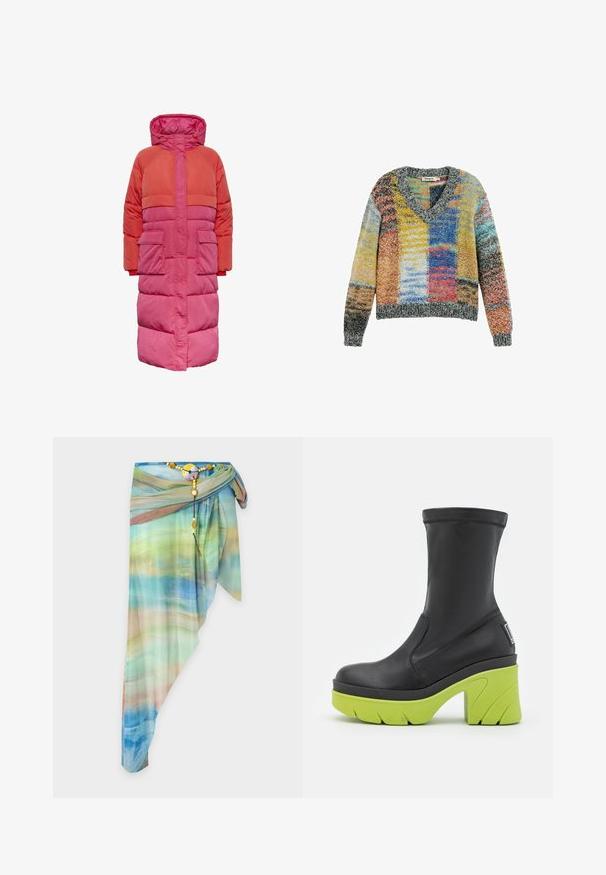 Lange pufferjas met capuchon, kleurblokontwerp in tinten rood en roze, met twee voorkuiten en een ritssluiting aan de voorkant.; Kleurrijke gebreide trui met V-hals en lange mouwen, met een patchworkpatroon in gele, blauwe, rode en grijze tinten.; Asymmetrische doorzichtige wikkelrok met blauw, groen en beige gradientpatroon, vastgemaakt met een decoratieve kralenriem en ronde gesp.; Steve Madden GEORGINIA - Enkellaarsjes met plateauzool - black/lime