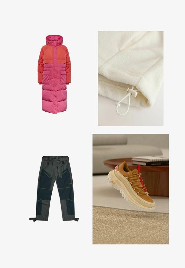 Lange pufferjas met capuchon, kleurblokontwerp in tinten rood en roze, met twee voorkuiten en een ritssluiting aan de voorkant.; Fleece kledingstuk in off-white met een zachte textuur, voorzien van een touwtje met schuifknop voor verstelbaarheid aan de zoom.; Broek met een riem, voorzien van een mix van donkergroene en grijze stoffen, hoekig patchworkontwerp, meerdere zakken en verstelbare enkelbandjes.; Bruine en beige wandelschoen met rode tongtreklip, dikke witte zool en veter in touwstijl, zwevend boven een geweven beige tapijt binnen.