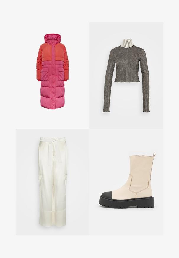 Lang dunfrakke med hætte, farveblokdesign i nuancer af rød og pink, med to frontlommer og lynlås foran.; Stribet turtleneck-top i sort og hvid med lange ærmer, lavet af ribbet stof; har en cropped længde og et subtilt tekstureret mønster.; Cremefarvede brede bukser lavet af et glat satinmateriale, med et bindebælte og to sidelommer for ekstra detalje.; Steve Madden GENNA - Plateaustøvletter - bone/black