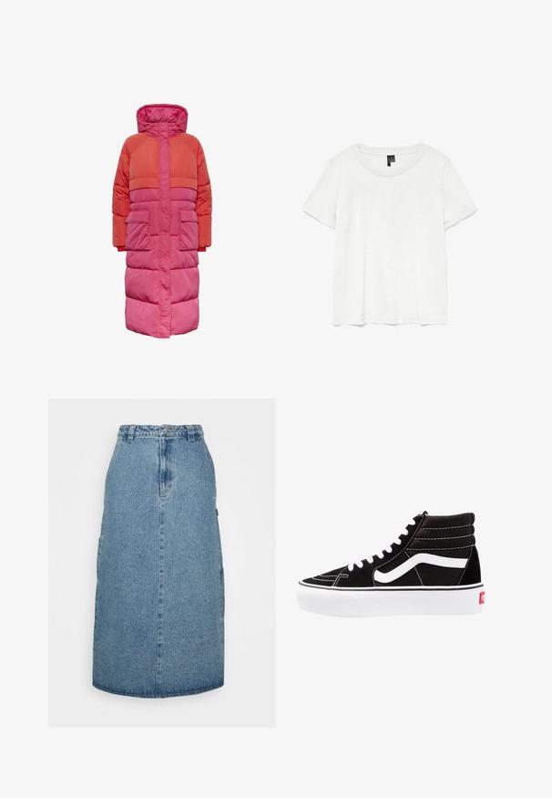 Lange pufferjas met capuchon, kleurblokontwerp in tinten rood en roze, met twee voorkuiten en een ritssluiting aan de voorkant.; Witte t-shirt met korte mouwen en een ronde hals, gemaakt van lichte stof. Eenvoudig ontwerp, gladde textuur en rechte zoom.; Obey Clothing JUNIPER MIDI SKIRT - A-lijn rok - stonewash indigo; Zwarte high-top sneakers met witte veters, een wit logo en contrasterende witte stiksels. Heeft een dikke witte zool en een bovenwerk van gestructureerd suede.