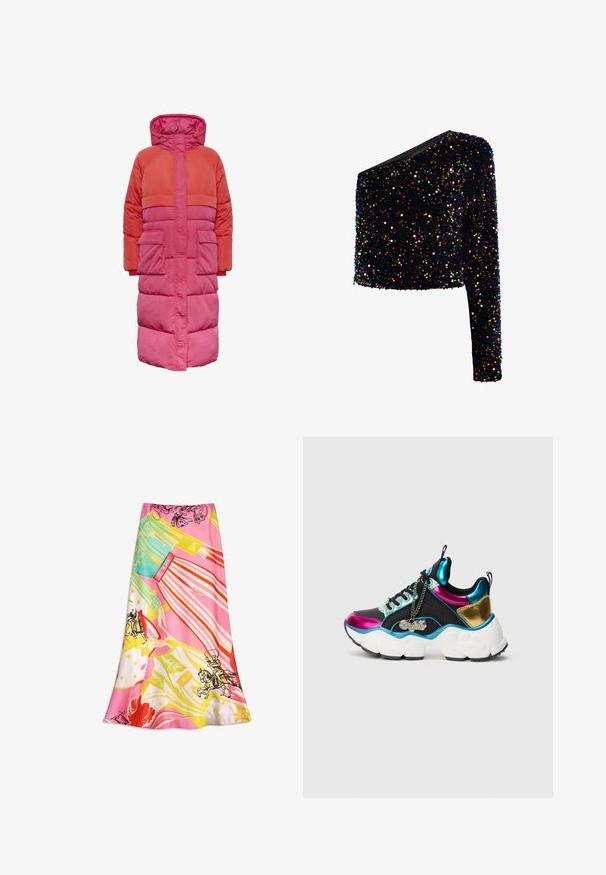Lang dunfrakke med hætte, farveblokdesign i nuancer af rød og pink, med to frontlommer og lynlås foran.; Sort crop top med en ærme dækket af flerfarvede skinnende pailletter med en tætsiddende silhuet.; Lang lyserød nederdel med farverige abstrakte mønstre, striber og illustrationer af hesteryttere og blomsterelementer.; Tyk sneaker med sort stof, metalisk pink, blå og guld paneler, hvid sål, sorte snørebånd og en sølvkæde med "Buffalo" mærkat.