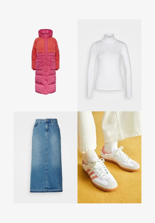 Lange pufferjas met capuchon, kleurblokontwerp in tinten rood en roze, met twee voorkuiten en een ritssluiting aan de voorkant.; Witte langemouwen turtle neck shirt van een soepel, rekbaar stof. Heeft een strakke pasvorm en een hoge kraag. Geen zichtbare patronen of accenten.; ONLY Denim ONLNELIA Denim Denim Long - Jeansrok - light blue denim; Witte sportschoenen met roze accenten, gemaakt van suede en leer, met een ronde neus en een rubberen zool, weergegeven met lichtgekleurde sokken op een gele achtergrond.