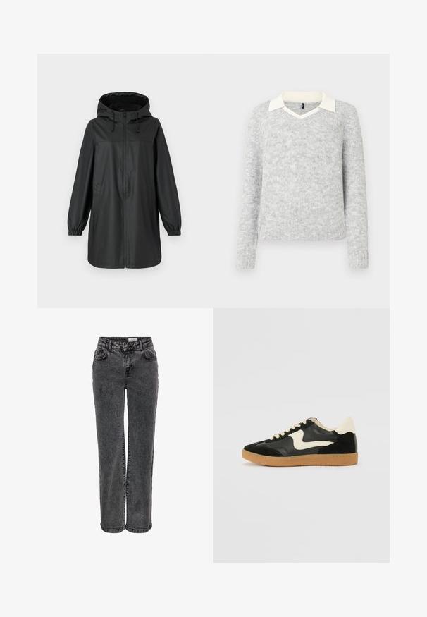 Sort lang regnfrakke med hætte, frontlynlås, elastiske manchetter og sidelommer, præsenteret på en ensfarvet baggrund.; Lys grå strikket sweater med lange ærmer og detaljer med hvid V-halskrave, ribbet kant og manchetter, vist på hvid baggrund.; Sorte denimjeans med lige ben, der har forlommer, bæltestropper og en subtil, falmet tekstur.; Sorte ruskinds- og lædersneakers med en cremefarvet side-swoosh og lys cremefarvet hæl. Har beige snørebånd og en gummirubber-sål.