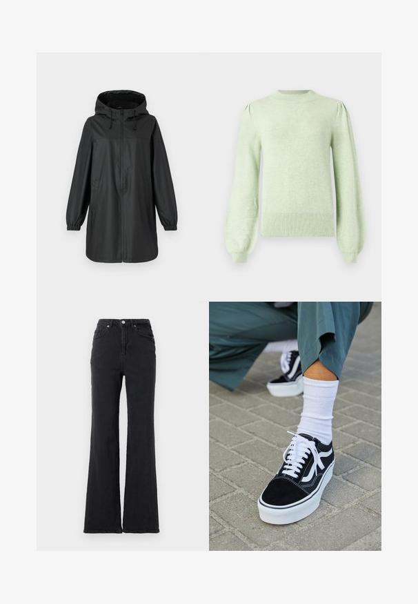 Manteau de pluie noir long avec capuche, zip frontal, poignets élastiques et poches latérales, présenté sur un fond uni.; Pull vert clair avec un col rond, des manches bouffantes et un ourlet côtelé. Fabriqué dans un matériau doux au toucher lisse.; Jeans en denim noirs taille haute avec jambes évasées, bouton avant et design à cinq poches, sur un fond blanc uni.; Baskets en suède noir avec des accents et des lacets blancs, présentant une épaisse semelle blanche et des coutures contrastantes, associées à une chaussette blanche.