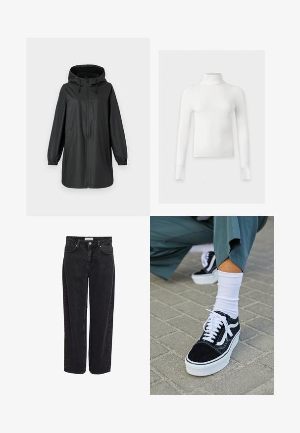 Sort lang regnfrakke med hætte, frontlynlås, elastiske manchetter og sidelommer, præsenteret på en ensfarvet baggrund.; Hvid ribstrikket langærmet rullekrave sweater med tætsiddende pasform og lige kant, vist mod en ensfarvet lys baggrund.; Sort denim bukser med vide ben og høj talje, fem-lomme design og lynlåsgylp. Glat tekstur med minimale synlige syningsdetaljer.; Sorte ruskinds sneakers med hvide accenter og snørebånd, der har en tyk hvid sål og kontrasterende syninger, parret med en hvid sok.
