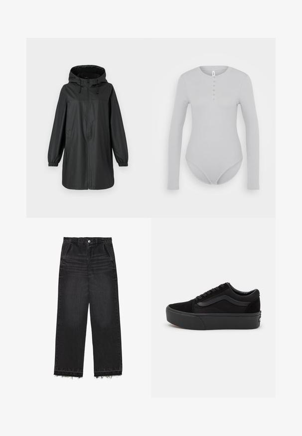 Manteau de pluie noir long avec capuche, zip frontal, poignets élastiques et poches latérales, présenté sur un fond uni.; ONLY ONLCARI BODY - T-shirt à manches longues - ultimate grey; Pantalon en denim noir à coupe droite. Doté d'une taille haute, d'un ourlet effiloché et d'une texture légère délavée sur l'ensemble. Poches avant incluses.; Baskets noires en daim et toile, avec un bout rond, un design à lacets plats et une semelle épaisse en caoutchouc avec une subtile branding.