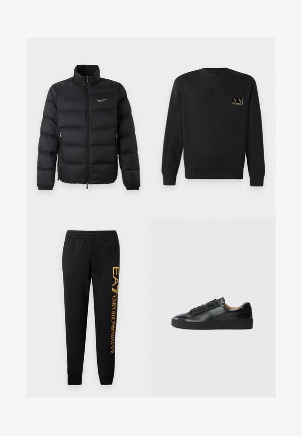 Schwarze Steppjacke mit hohem Kragen, ausgestattet mit einem Reißverschluss vorne und zwei Seitentaschen. Leicht gestepptes Material mit Logo auf der Brust.; Schwarzer Langarm-Crewneck-Pullover mit kleinem beigen Armani Exchange-Logo auf der linken Brust.; Schwarze Jogginghose mit elastischem Bund und gerippten Säumen. Mit einem vertikalen goldenen Logodruck auf dem linken Bein. Aus weichem Stoff gefertigt.; Schwarze Leder-Sneaker mit glatter Textur, runder Zehenpartie und Schnürverschluss. Verfügt über eine dicke Gummisohle und minimalistische Marken-Details.