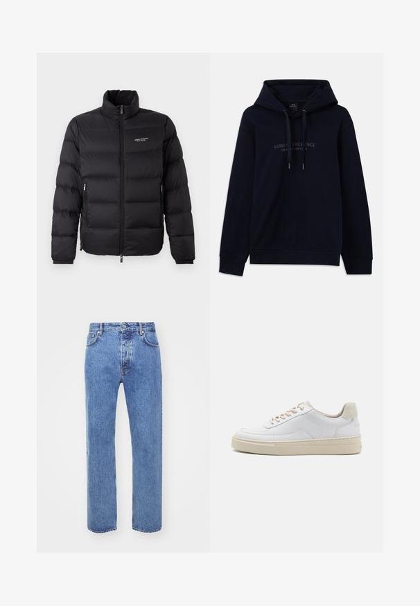 Zwarte pufferjack met een hoge kraag, voorzien van een voorrits en twee zijzakken. Licht gewatteerde stof met het merkimpressie op de borst.; Navyblauwe hoodie met trekkoorden en "Armani Exchange Milano / New York" gedrukt op de borst, met ribgebreide boorden en onderkant.; Won Hundred STEVE - Relaxed fit jeans - cut blue; Witte sneaker met een gevoerd leren bovenwerk, beige veters en een gestructureerde beige suede hieltab. Verhoogde zool voor extra hoogte.