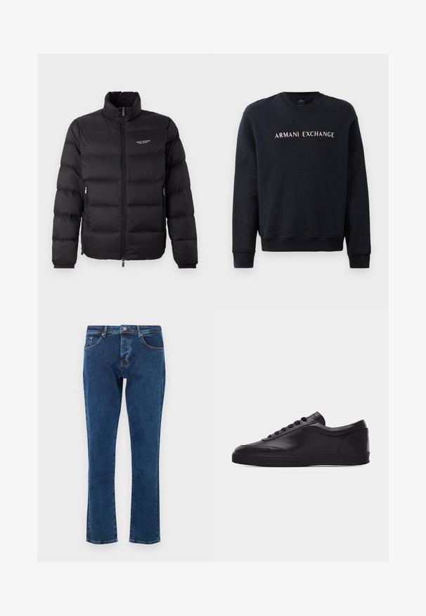 Schwarze Steppjacke mit hohem Kragen, ausgestattet mit einem Reißverschluss vorne und zwei Seitentaschen. Leicht gestepptes Material mit Logo auf der Brust.; Schwarzer Sweatshirt mit Rundhalsausschnitt, gerippten Bündchen und Saum, mit dem weißen "ARMANI EXCHANGE" Logo quer über die Brust.; Dunkelblaue Jeans aus Denim mit geradem Bein, fünf Taschen und einem Metallknopf in der Taille. Glatte Textur mit minimalem Verblassen.; Schwarzer flacher Leder-Sneaker mit Schnürung vorne und flacher Gummisohle, seitlich auf einem schlichten weißen Hintergrund gezeigt.