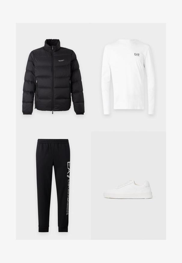 Schwarze Steppjacke mit hohem Kragen, ausgestattet mit einem Reißverschluss vorne und zwei Seitentaschen. Leicht gestepptes Material mit Logo auf der Brust.; Weißes Langarm-T-Shirt aus Baumwolle mit kleinem schwarzem EA7-Logo auf der linken Brust. Einfaches Design mit Rundhalsausschnitt.; Schwarze Sweatpants aus Baumwollmischung mit elastischem Taillenbund, schmal zulaufenden Beinen, gerippten Bündchen und weißem Logo-Druck entlang der Seite.; Weißer Sneaker mit einem Obermaterial aus glattem Leder, abgerundetem Zehenbereich, Schnürsenkeln, strukturierten seitlichen Akzenten und einer dicken Gummisohle. Minimalistisches Design.