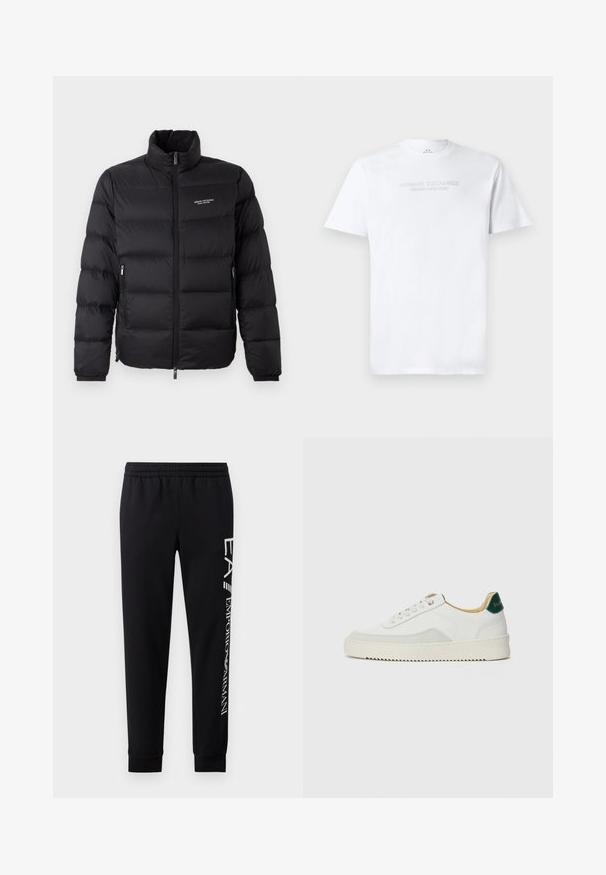 Doudoune noire avec un col haut, dotée d'une fermeture éclair à l'avant et de deux poches latérales. Tissu légèrement matelassé avec le logo de la marque sur la poitrine.; T-shirt en coton blanc avec col rond, manches courtes et logo en relief "ARMANI EXCHANGE MILANO/NEW YORK" sur le devant.; Pantalons de survêtement noirs en mélange de coton, dotés d'une taille élastique, de jambes fuselées, de poignets côtelés et d'un imprimé logo blanc sur le côté.; Baskets blanches avec des accents en daim, bout arrondi, lacets plats et semelle en caoutchouc crème. Présente une marque verte sur le talon.