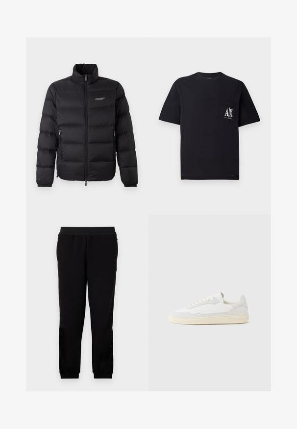 Schwarze Steppjacke mit hohem Kragen, ausgestattet mit einem Reißverschluss vorne und zwei Seitentaschen. Leicht gestepptes Material mit Logo auf der Brust.; Schwarzes Baumwoll-T-Shirt mit Rundhalsausschnitt und kurzen Ärmeln. Besitzt eine Brusttasche mit weißem "A/X"-Logo. Glatte Textur, lockere Passform.; Schwarze Sweatpants aus einem weichen Material, mit elastischem Bund, eng anliegenden Bündchen und Seitentaschen für zusätzlichen Komfort.; Weißer Sneaker mit strukturiertem Obermaterial aus Wildleder und Leder. Verfügt über eine runde Zehenpartie, Schnürverschluss und eine kontrastierende beige Gummisohle.