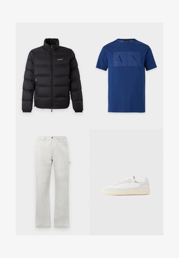 Schwarze Steppjacke mit hohem Kragen, ausgestattet mit einem Reißverschluss vorne und zwei Seitentaschen. Leicht gestepptes Material mit Logo auf der Brust.; Blaues T-Shirt mit kurzen Ärmeln, geometrischem Muster und großen Buchstaben "A" und "X" in Quadraten auf der Brust.; Helle graue Hose mit gerader Passform, aus glattem Baumwollstoff gefertigt, mit Eingrifftaschen vorne und einer seitlichen Cargo-Tasche.; Weißer Sneaker mit strukturiertem Obermaterial aus Wildleder und Leder. Verfügt über eine runde Zehenpartie, Schnürverschluss und eine kontrastierende beige Gummisohle.