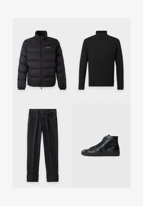Schwarze Steppjacke mit hohem Kragen, ausgestattet mit einem Reißverschluss vorne und zwei Seitentaschen. Leicht gestepptes Material mit Logo auf der Brust.; Schwarzes Rollkragenhemd aus glattem Stoff. Hat lange Ärmel und einen hohen Kragen. Einfaches Design ohne zusätzliche Muster oder Akzente.; Schwarze Denim-Jeans mit eingeräumter Passform, mit umgeschlagenen Säumen und geprägt Branding am Saum. Klassisches Fünf-Taschen-Design mit kontrastierenden Nähten.; Schwarze High-Top-Sneaker aus glattem Leder mit runder Zehenpartie, flacher Gummisohle und Schnürdesign. Klare Linien und minimale Akzente.
