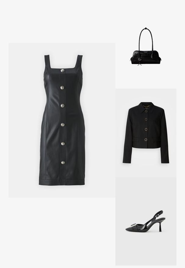 MARCIANO BY GUESS CHRISTINA CROPPED JACKET - Let jakke / Sommerjakker - black; Sort faux læderkjole med firkantet halsudskæring, ærmeløs design og frontlukning med metallisk knaplukning. Skræddersyet pasform og knælang.; Sort laklæder slingback-pumpe med spids tå og metalisk detalje på vristen. Har en slank hæl og justerbar rem.; Sort skuldertaske i krokodillelæder med lange stropper og lille sølvlogo-charm på den ene strop.