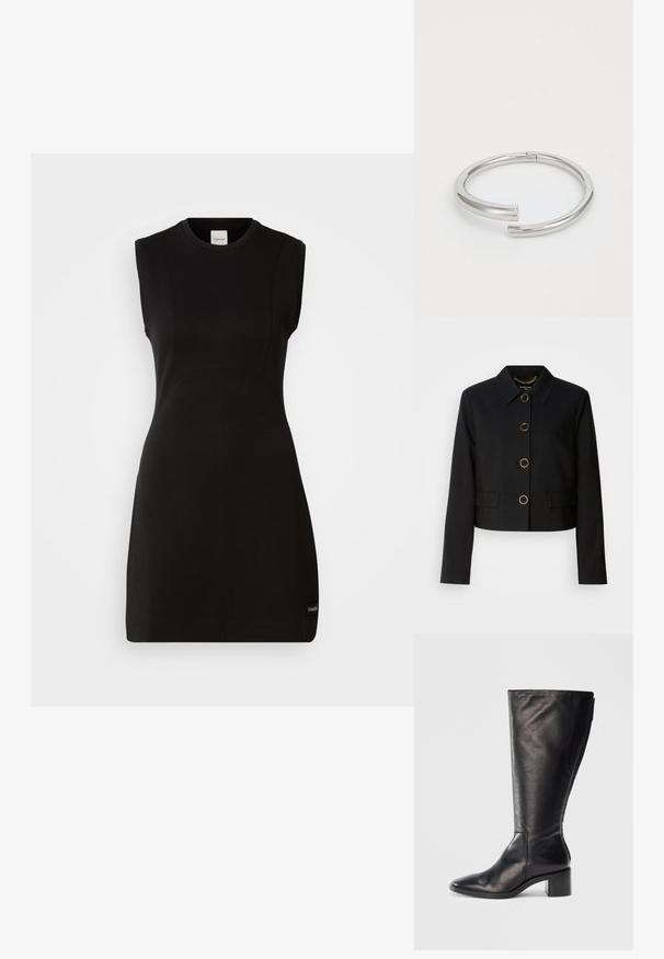 MARCIANO BY GUESS CHRISTINA CROPPED JACKET - Lichte jas - black; Mouwloze zwarte Calvin Klein aansluitende jurk met ronde hals en subtiele naden op een witte achtergrond.; Zwarte leren kniehoog laars met een vierkante neus, blokhak en slank ontwerp. Gladde textuur met een zijrits voor gemakkelijke instap.; Calvin Klein SPIRAL - Armband - silver-coloured