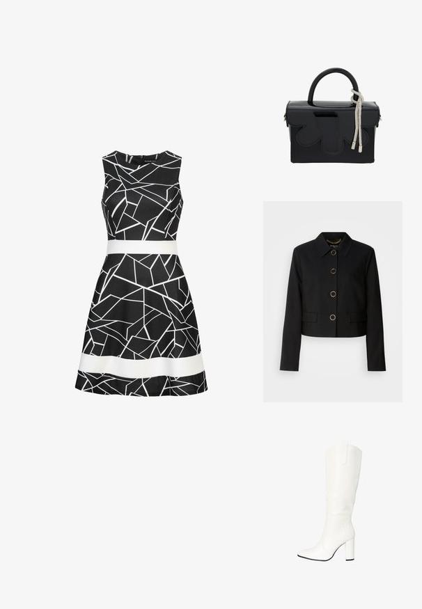 MARCIANO BY GUESS CHRISTINA CROPPED JACKET - Lichte jas - black; Zwarte mouwloze jurk met een geometrisch wit patroon en een contrasterende witte riem op de taille. Glad materiaal en een uitlopende rokdesign.; Salinyang Laarzen - weiss; Glat zwart handtas met een gestructureerde vorm, voorzien van een bovenhandvat, een decoratieve zilveren kwast en gegolfde accenten aan de voorkant.
