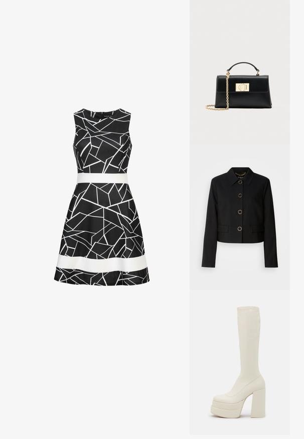 MARCIANO BY GUESS CHRISTINA CROPPED JACKET - Suvejakk - black; Must have mustariga ilma varrukat kleit, millel on geometriline valge muster ja kontrastne valge vöö taljes. Sujuv kangas ja laienev seeliku disain.; Steve Madden CYPRESS - Platvormsaapad - off white; Mustast nahast käekott struktureeritud kuju ja ülemise käepidemega, millel kuldse tooniga kett-rihm. Kaunistuseks kuldsed metallosad ja logoga detailid.
