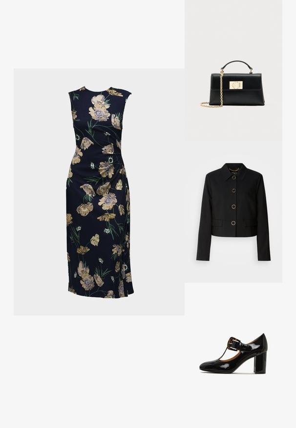 MARCIANO BY GUESS CHRISTINA CROPPED JACKET - Leichte Jacke - black; Ärmelloses, figurbetontes Midikleid in Dunkelblau mit gelbem und grünem Blumenmuster, seitlichem Schlitz und rundem Halsausschnitt.; Schwarzer Lackleder-Highheel-Schuh mit runder Zehenpartie, T-Riemen-Design und einer Akzent-Schnalle aus Schildpatt auf dem Obermaterial. Blockabsatz.; Schwarze Lederhandtasche mit einer strukturierten Form, die einen oberen Griff und einen goldfarbenen Kettenriemen besitzt. Dekorative goldene Beschläge mit Logodetail.