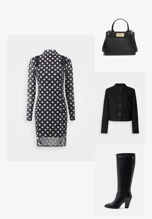 MARCIANO BY GUESS CHRISTINA CROPPED JACKET - Let jakke / Sommerjakker - black; Langærmet sort kjole med hvide og røde prikkede mønstre, høj krave, udskårne skuldre og en let gennemsigtig tekstur.; Høj sort læder dame støvle med spids tå, blok hæl og lille guldt logo nær toppen på neutral baggrund.; Sort læderhåndtaske med topstropper, en aftagelig skulderrem og et rektangulært låsespænde i guldfarve foran.