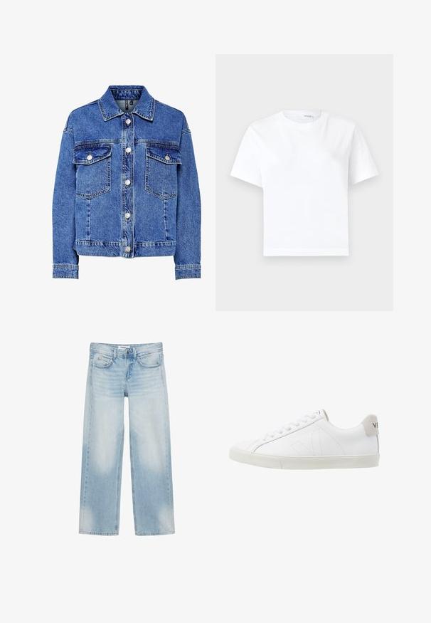 Lysblå denimjakke med lange ærmer, knapfront og to brystlommer. Har kontrasterende syninger og klassisk kravedesign.; Hvid kortærmet bomuld t-shirt med rund halsudskæring og lige kant, vist på en hvid baggrund.; Lyseblå jeans med vide ben, fem lommer, bæltestropper, knaplukning og diskret farvefade på forreste lår og knæ.; Hvide lædersneakers med en struktureret off-white gummi sål. Funktioner inkluderer snørebånd, diskrete sømme og en grå ruskindsdetalje ved hælen.