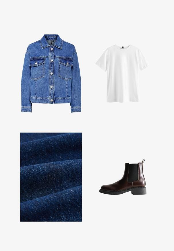Lysblå denimjakke med lange ærmer, knapfront og to brystlommer. Har kontrasterende syninger og klassisk kravedesign.; Simpel hvid kortærmet t-shirt med rund hals og sort mærke indeni kraven, vist fladt på en hvid baggrund.; Mørkeblå denimstof med en glat tekstur, subtil glans og let stræk. Synlig twill-mønster og fine, kontrasterende tråde.; Brune læder ankelstøvle med elastiske sidepaneler, rund tå og en struktureret sort gummisål. Har kontrasterende syninger og en trækflap.