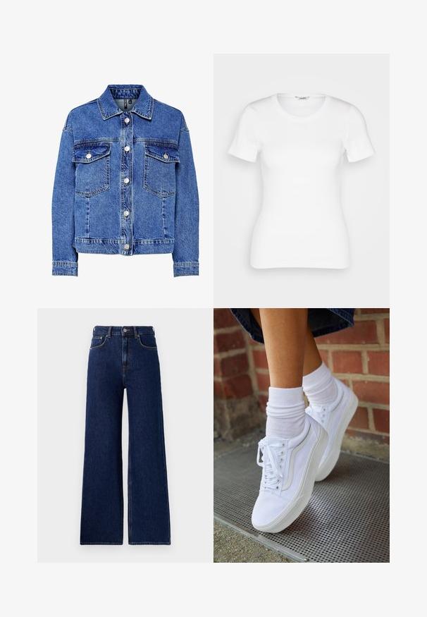 Lysblå denimjakke med lange ærmer, knapfront og to brystlommer. Har kontrasterende syninger og klassisk kravedesign.; Hvid bomulds T-shirt med korte ærmer, rund halsudskæring og ribbet tekstur. Tætsiddende design med en glat, ren finish.; Red Bull Racing x Pepe Jeans Wide leg - blue denim; Hvide lærreds sneakers med gummisåler, der har seks snørehuller, rund tå og let sømdetaljer, krydret med hvide ankelstrømper.