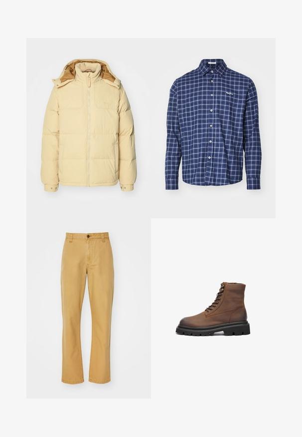 Chaqueta acolchada amarilla claro con cierre frontal, capucha, bolsillos laterales y puños con broche. Textura suave y diseño acolchado cosido en todo su exterior.; Camisa de cuadros azul marino en tela de algodón, con cuello clásico, botones delanteros y un logo bordado en el pecho.; Chinos de algodón beige con corte recto, que presentan un cierre de botón, presillas para cinturón y detalles cosidos en el dobladillo.; Bota de tobillo de cuero marrón con punta redondeada, parte delantera con cordones, ojetes de metal y suela de goma negra gruesa con patrón de tracción.