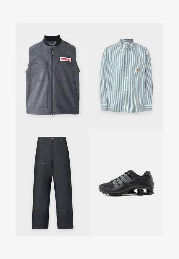 Mørkegrå vest med lynlåslukning, to store frontlommer, en ribbet krave og et dekorativt patch med et rødt design.; Stribet skjorte i grøn og hvid med knappet krave, lange ærmer, brystlomme og et lille logomærke.; Mørkeblå denimjeans med vid ben, der har kontrasterende orange syninger, forlommer og en klassisk knaplukning.; Sort atletiksko med tekstureret overdel, snørelukninger og karakteristisk fjederlignende sålstøtte synlig på hvid baggrund.