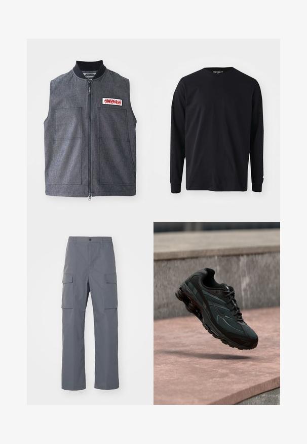 Mørkegrå vest med lynlåslukning, to store frontlommer, en ribbet krave og et dekorativt patch med et rødt design.; Sort langærmet t-shirt lavet af bomuld, med rund halsudskæring og lige pasform, samt et lille logodetalje på ærmet.; Grå cargo-bukser lavet af holdbart stof. Funktioner inkluderer en elastisk talje, to store sidelommer og en lige benudskæring.; Sort atletisk sneaker med synligt luftdæmpende mellemsål, der svæver over en pink stenoverflade med en grå stenvæg i baggrunden.